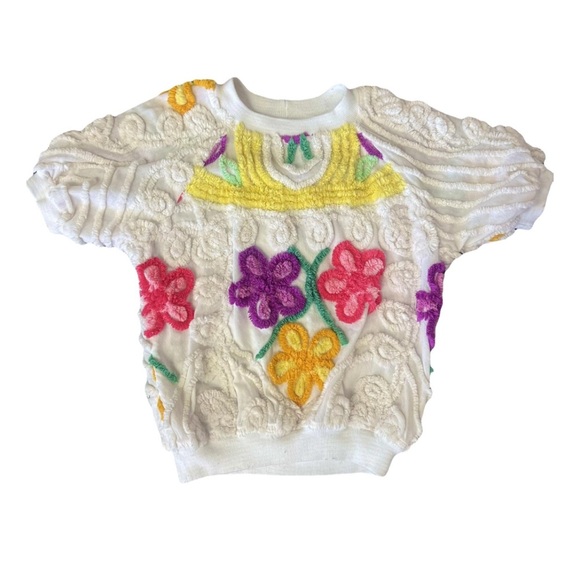 damze Tops - Vintage 80s Damze Springtime Floral Chenille Crew Neck Short Sleeve Sweatshirt